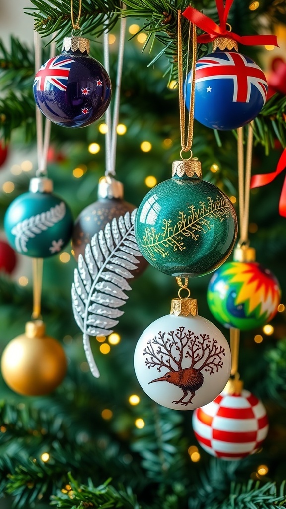 New Zealand-Inspired Christmas Ornaments New Zealand-themed Christmas ornaments featuring silver ferns and kiwi birds hanging on a Christmas tree.